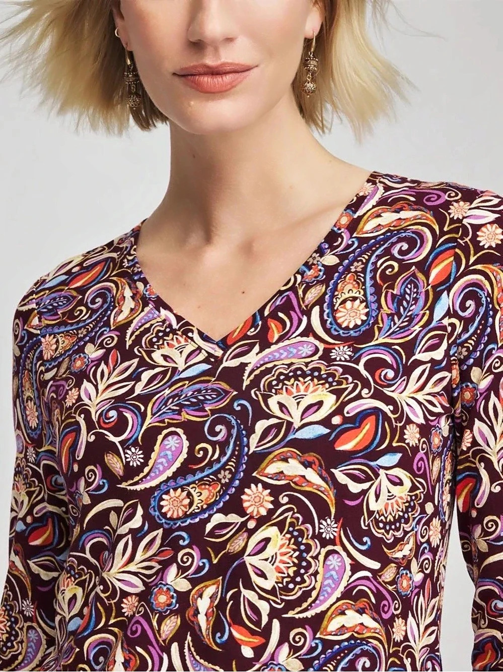 Chico's Paisley Touch of Cool V-Neck Long-Sleeve Layering Tee Purple Size XXL